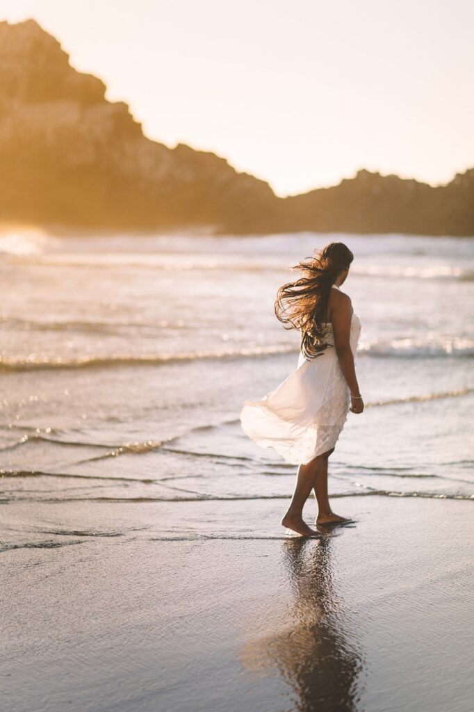 woman, beach, sea, coast, shore, ocean, water, girl, alone, nature, waves, sunrise