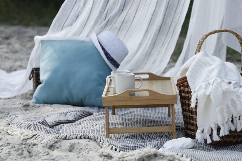picnic, vacation, cups, tray, pillow, wicker basket, sand, picnic, picnic, picnic, picnic, picnic